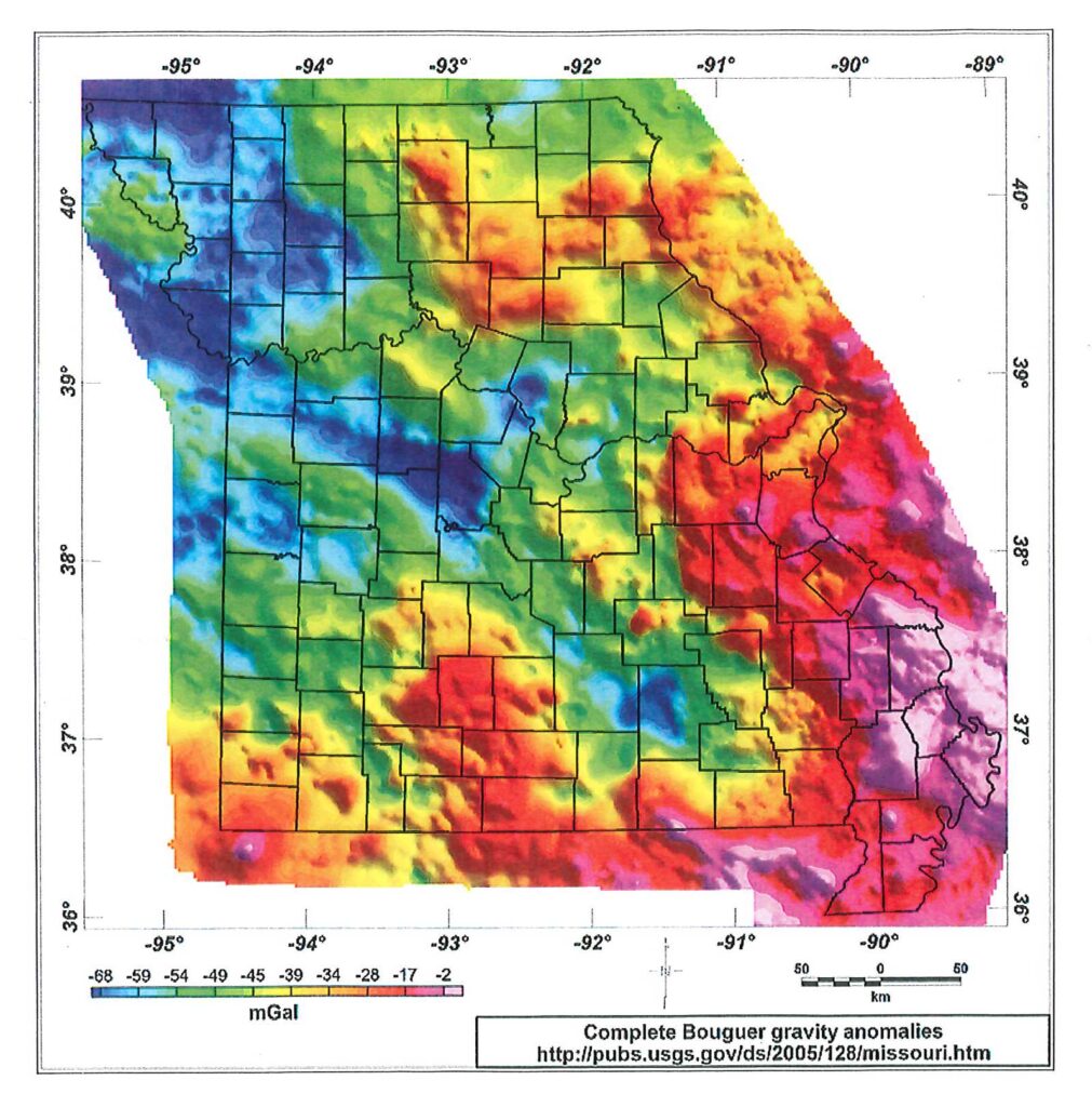 Small, unmarked Missouri Gravity Map for reference.