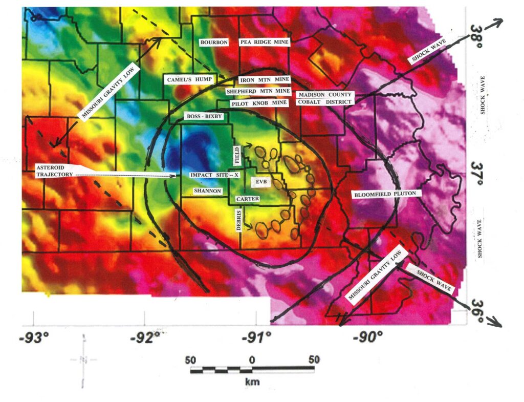 The Missouri Gravity Low, the Impact Site At X. and the circular Asteroid Impact Structure.